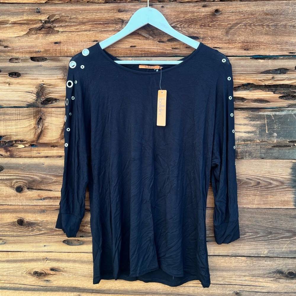 BELLDINI | NWT Black 3/4 Sleeve Metal Tunic Blouse M